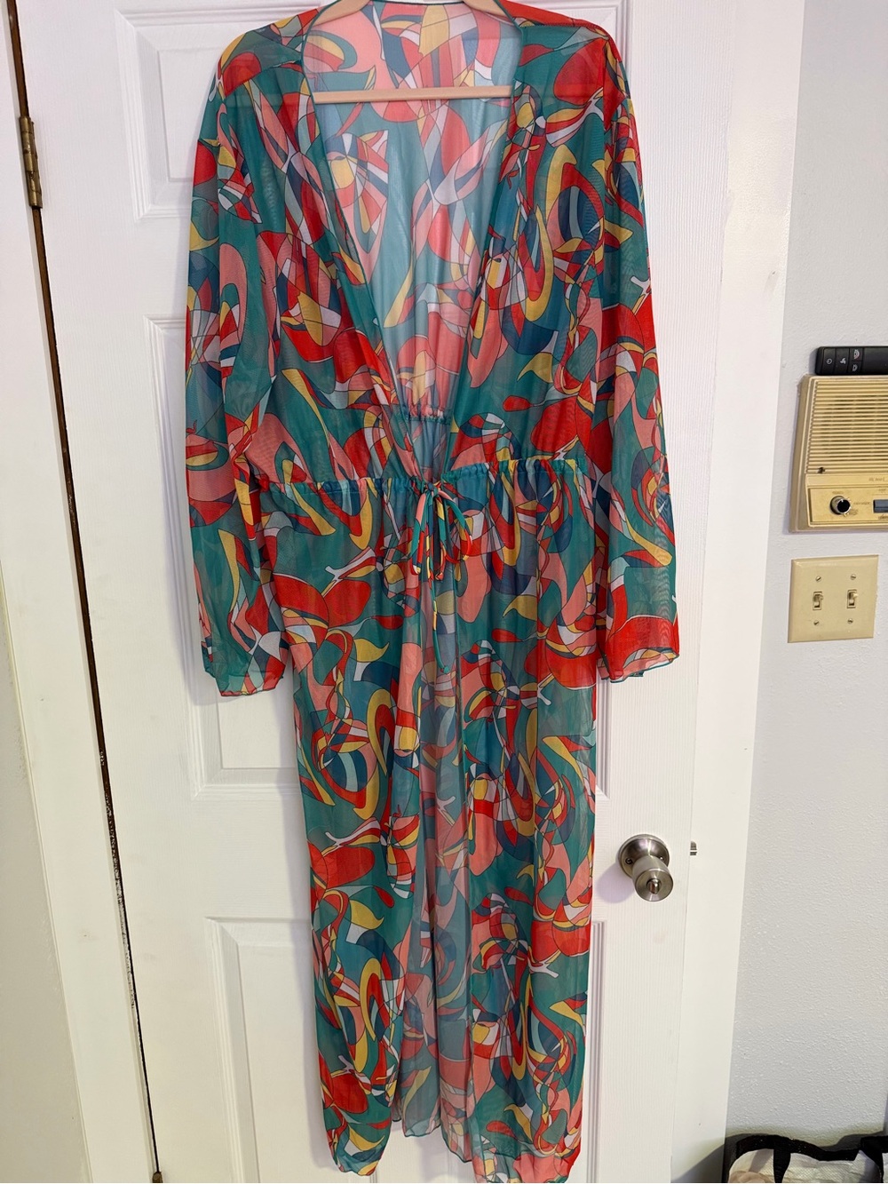 Sheer Multicolor Drawstring Waist Maxi duster Cover-Up